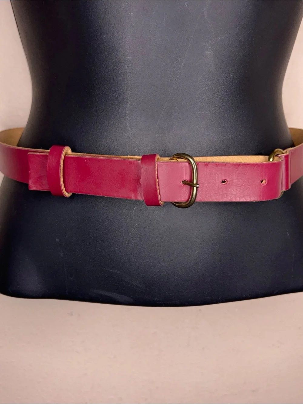 Vintage XS Deep Red Leather Brass Buckle Belt Western Womens Boho